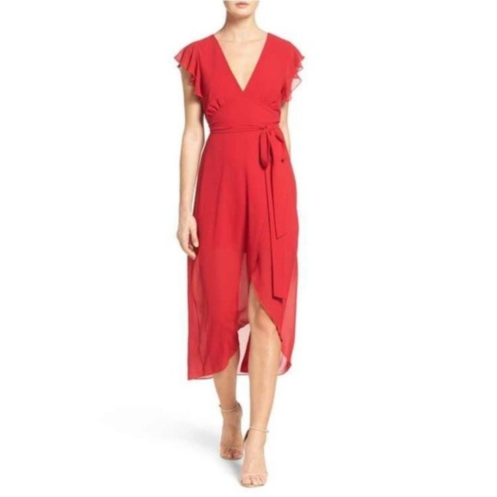 Revolve Nsr Red Chiffon Flutter Sleeve Faux Wrap … - image 2